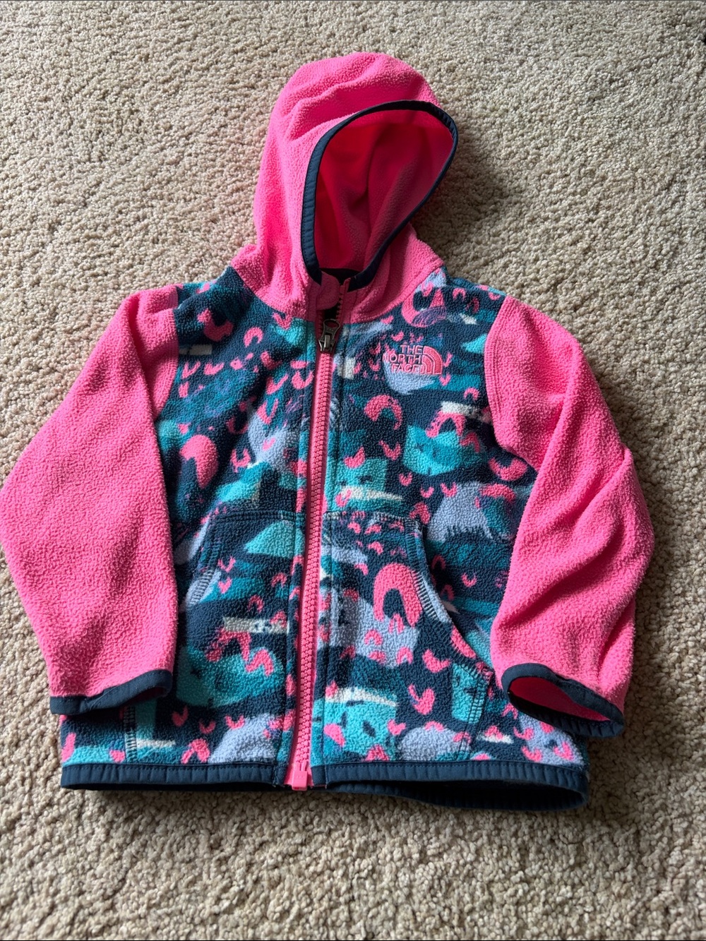 The North Face Kids Pink Hooded Fleece Jacket with Teal Pattern